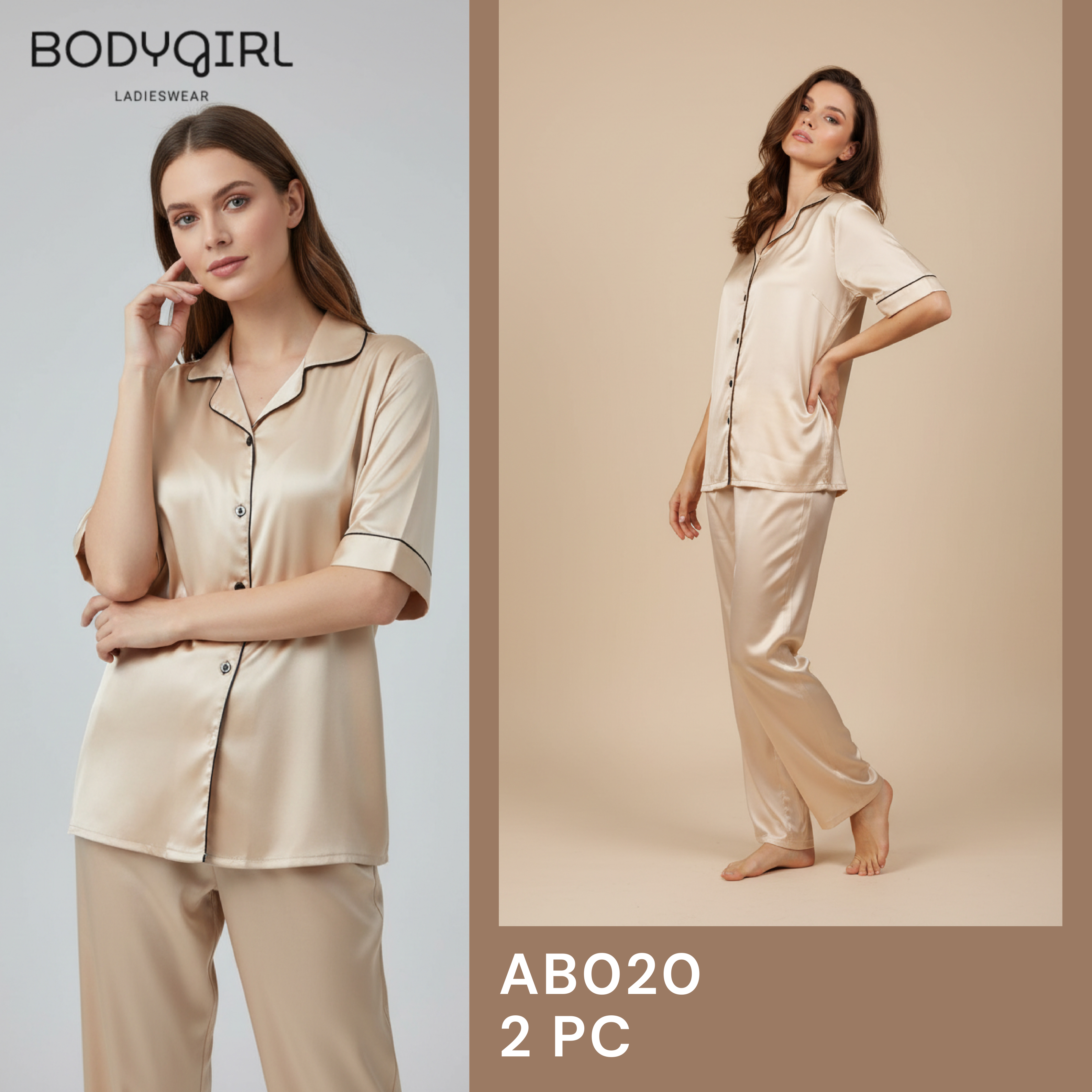 Silk Nightwear Set - 2 Piece Luxury Pajama with Piping Detail 
