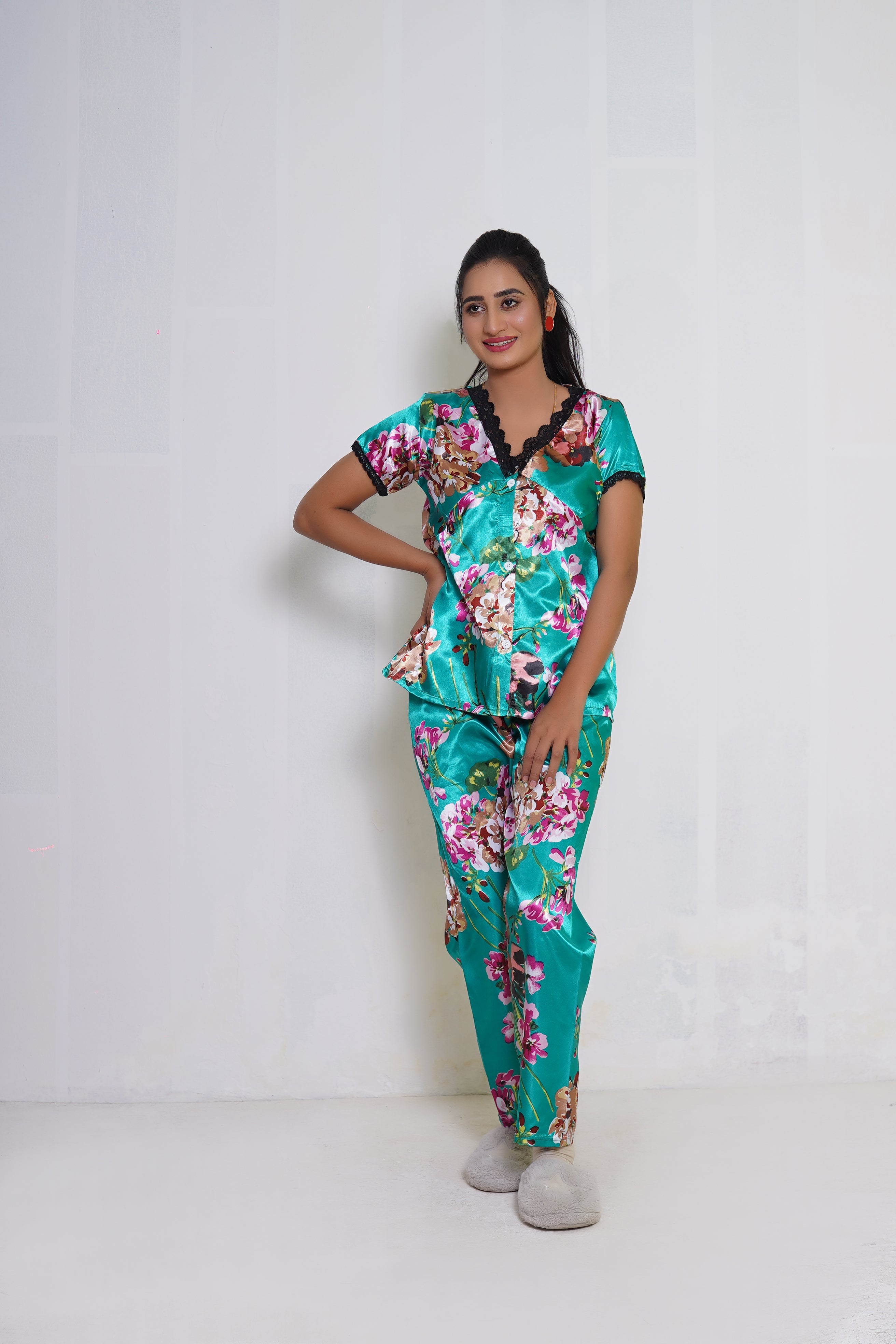Title: Elegant Sky Green Floral Print Pajama Set – 2-Piece Loungewear