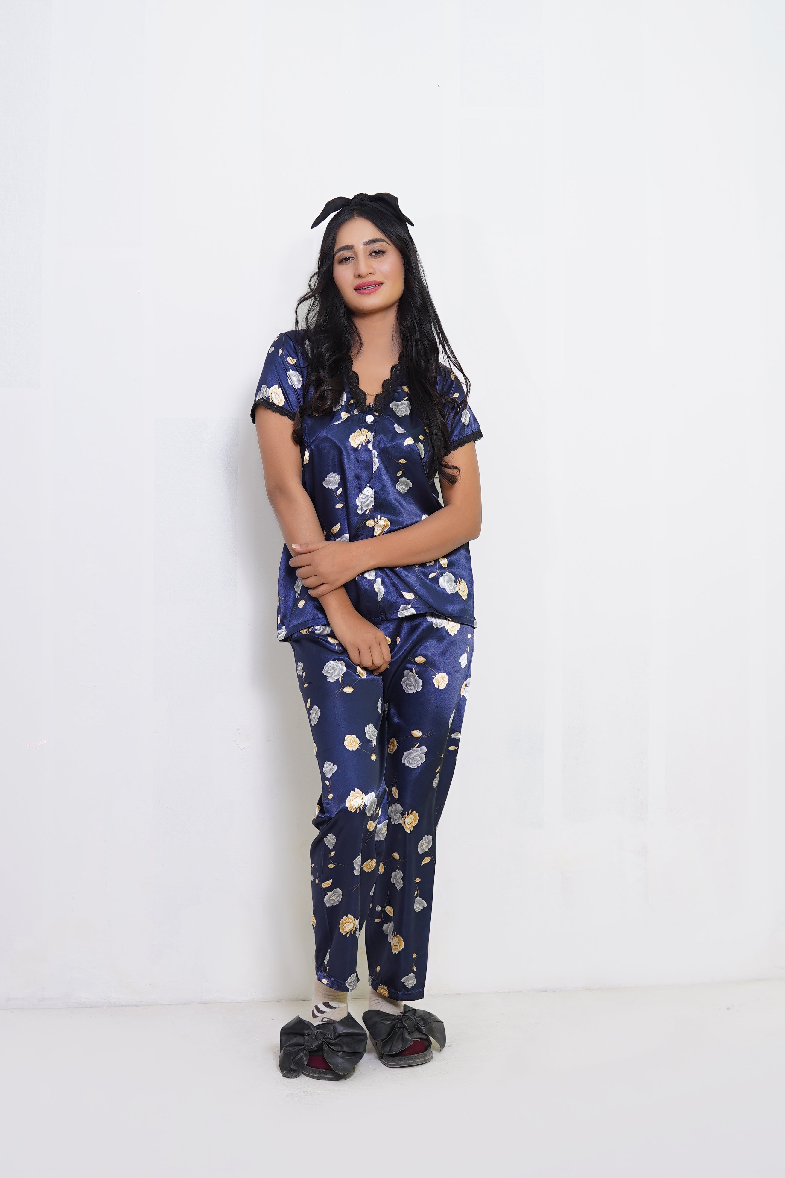 Body Girl Luxury Satin Floral Nightwear Set – Navy Blue