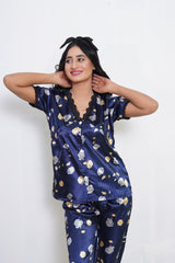 Body Girl Luxury Satin Floral Nightwear Set – Navy Blue