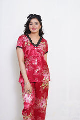 Body Girl 2 Pcs Half Sleeves Suit with Flower Printed Shirt & Trouser Set for Women