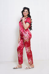 Body Girl 2 Pcs Half Sleeves Suit with Flower Printed Shirt & Trouser Set for Women