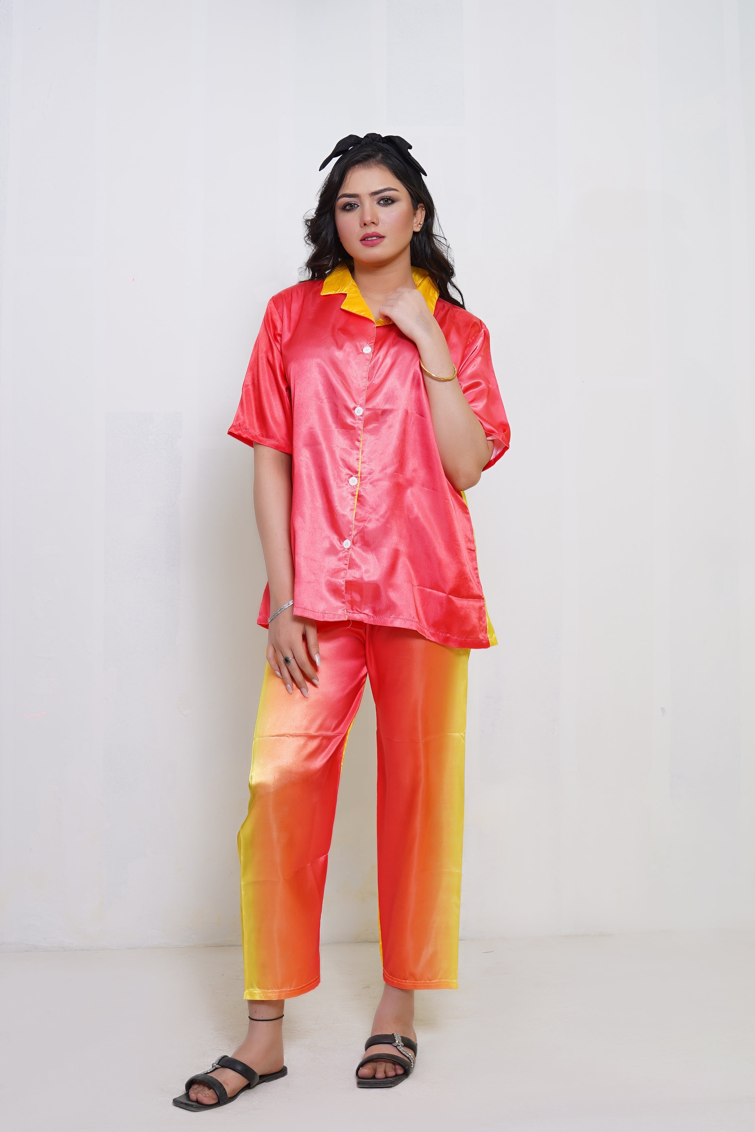 Body Girl Vibrant Yellow-Orange 2-Piece Trouser Shirt Set for Stylish Comfort