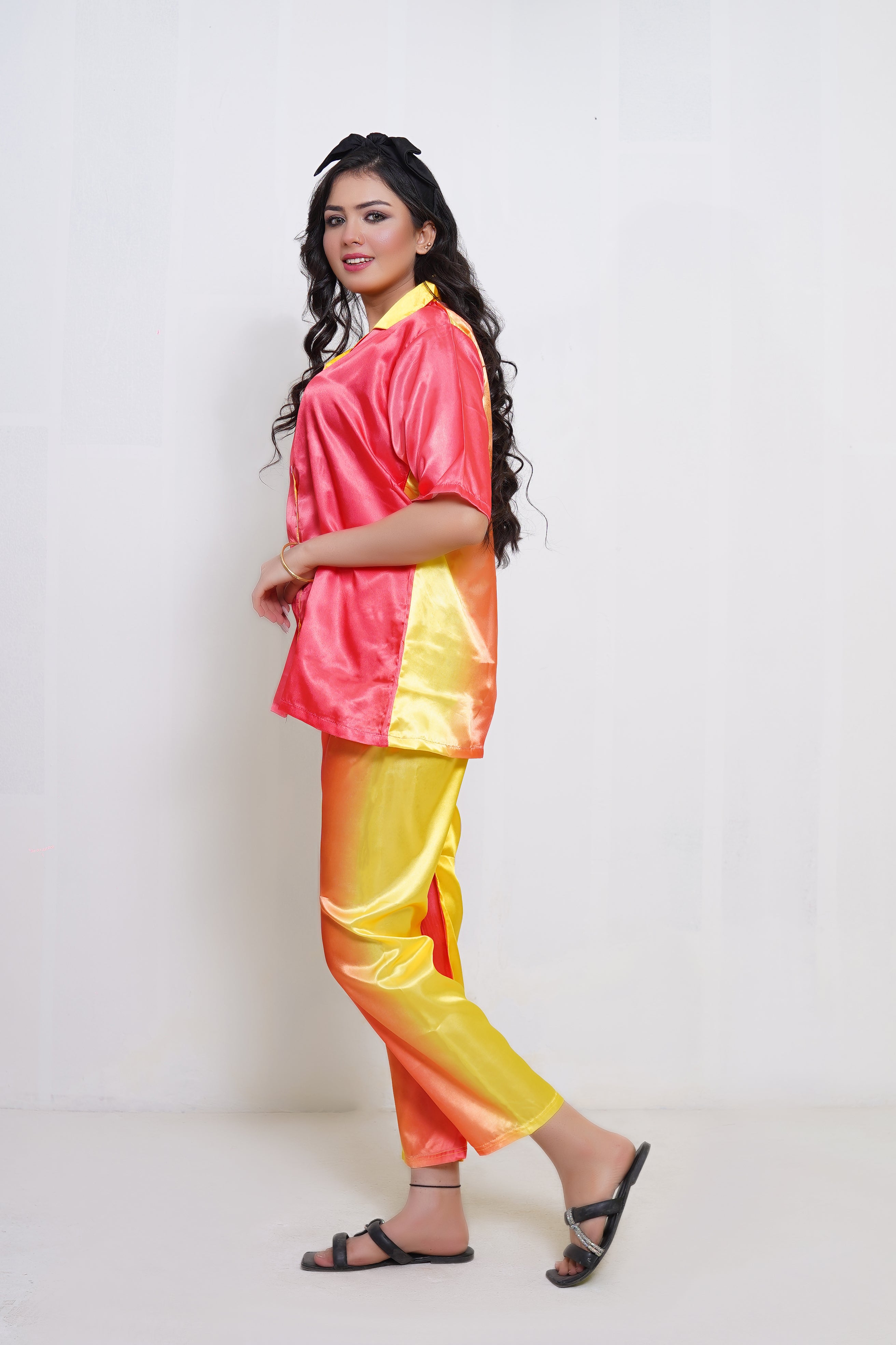 Body Girl Vibrant Yellow-Orange 2-Piece Trouser Shirt Set for Stylish Comfort