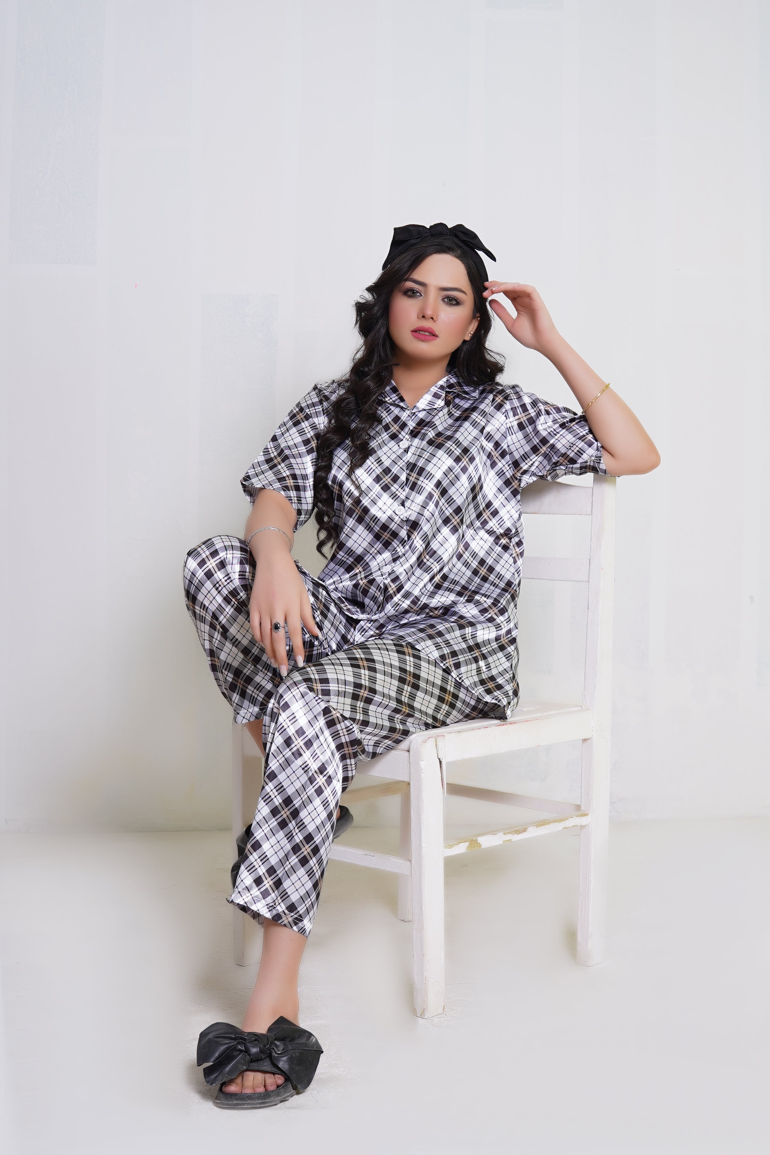 Body Girl Stylish Black & White Tunic Dress 2-Piece Pajama Set