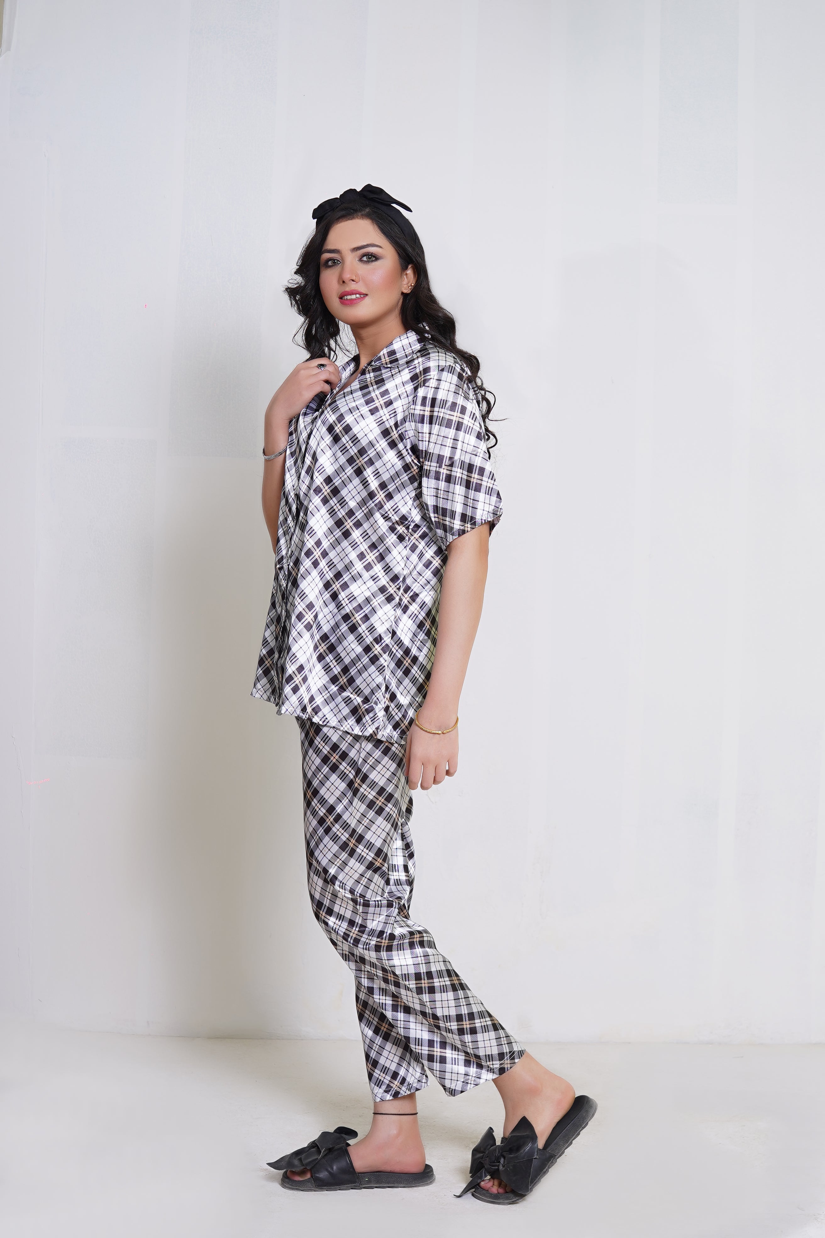Body Girl Stylish Black & White Tunic Dress 2-Piece Pajama Set