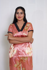 Body Girl Women’s 2-Piece Nightwear Set – Orange Printed Pajama & Top | Soft & Comfortable Sleepwear