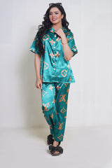 Body Girl Luxury Satin Pajama Set – Green & Gold Printed Nightwear