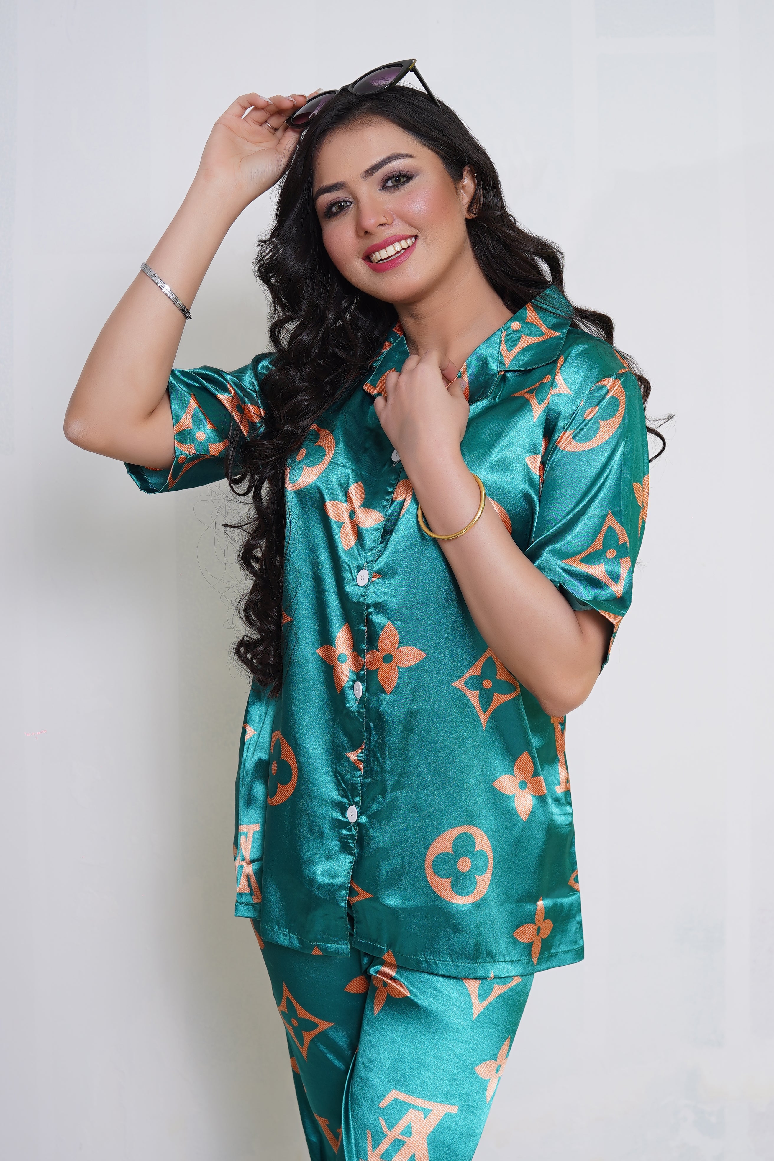 Body Girl Luxury Satin Pajama Set – Green & Gold Printed Nightwear
