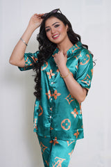 Body Girl Luxury Satin Pajama Set – Green & Gold Printed Nightwear