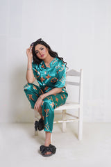 Body Girl Luxury Satin Pajama Set – Green & Gold Printed Nightwear