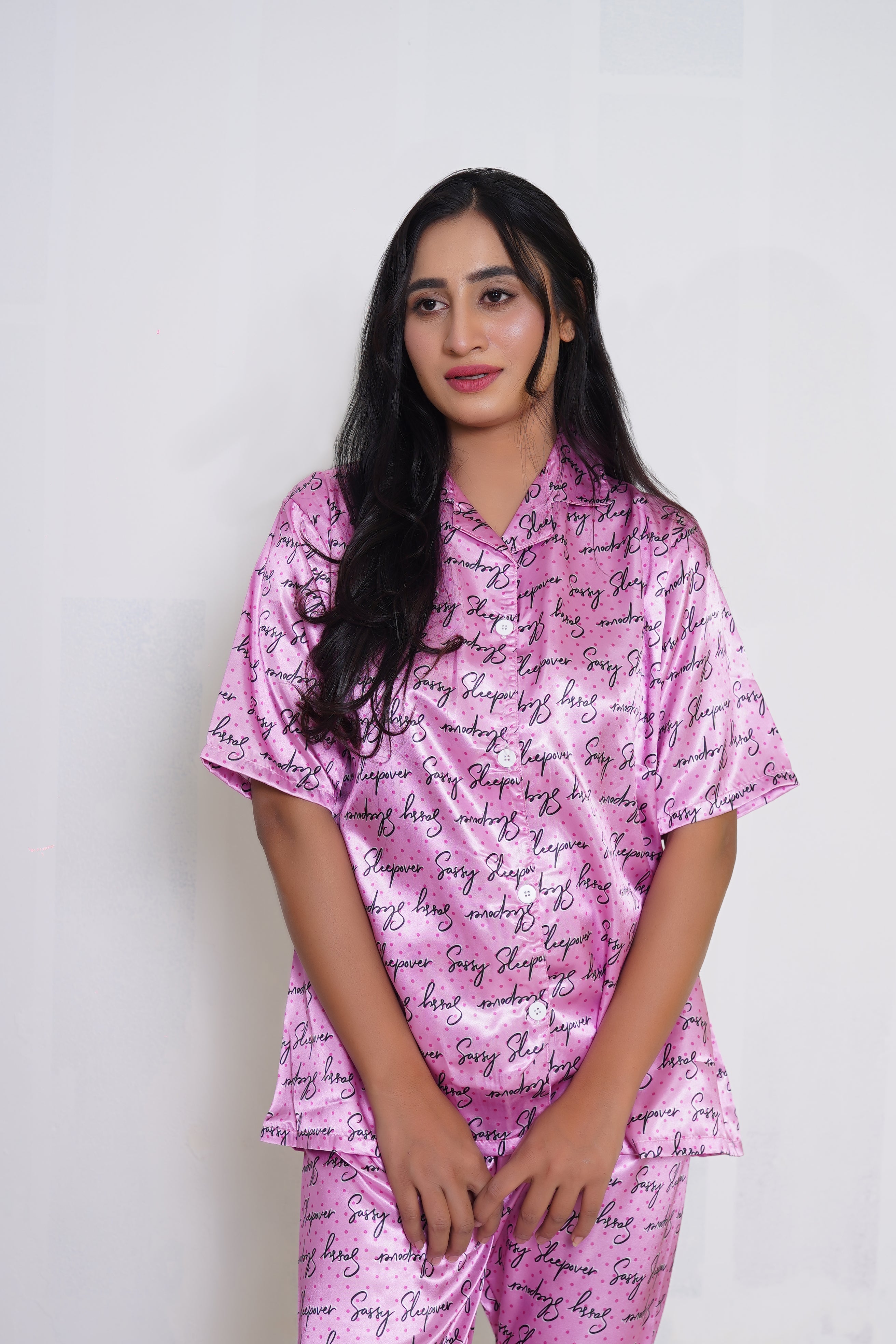 Body Girl Women's Satin Pajama Set - Pink Script Print
