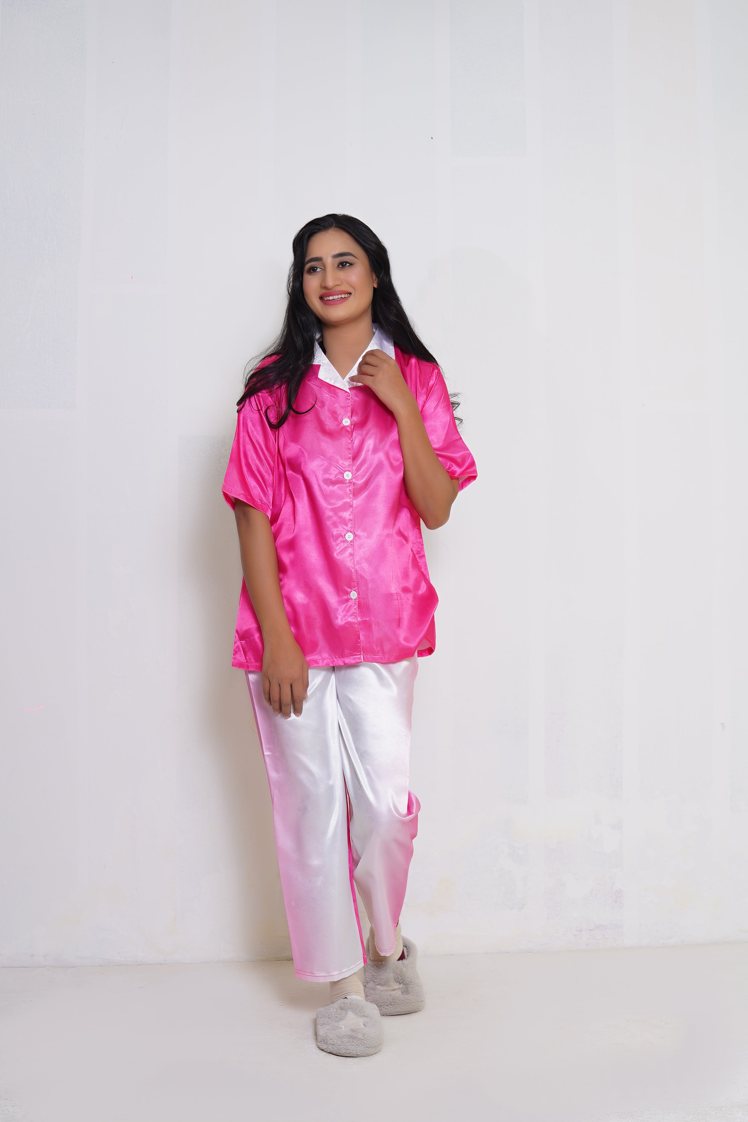 Body Girl Women's Satin Pajama Set - Pink & White
