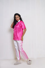 Body Girl Women's Satin Pajama Set - Pink & White