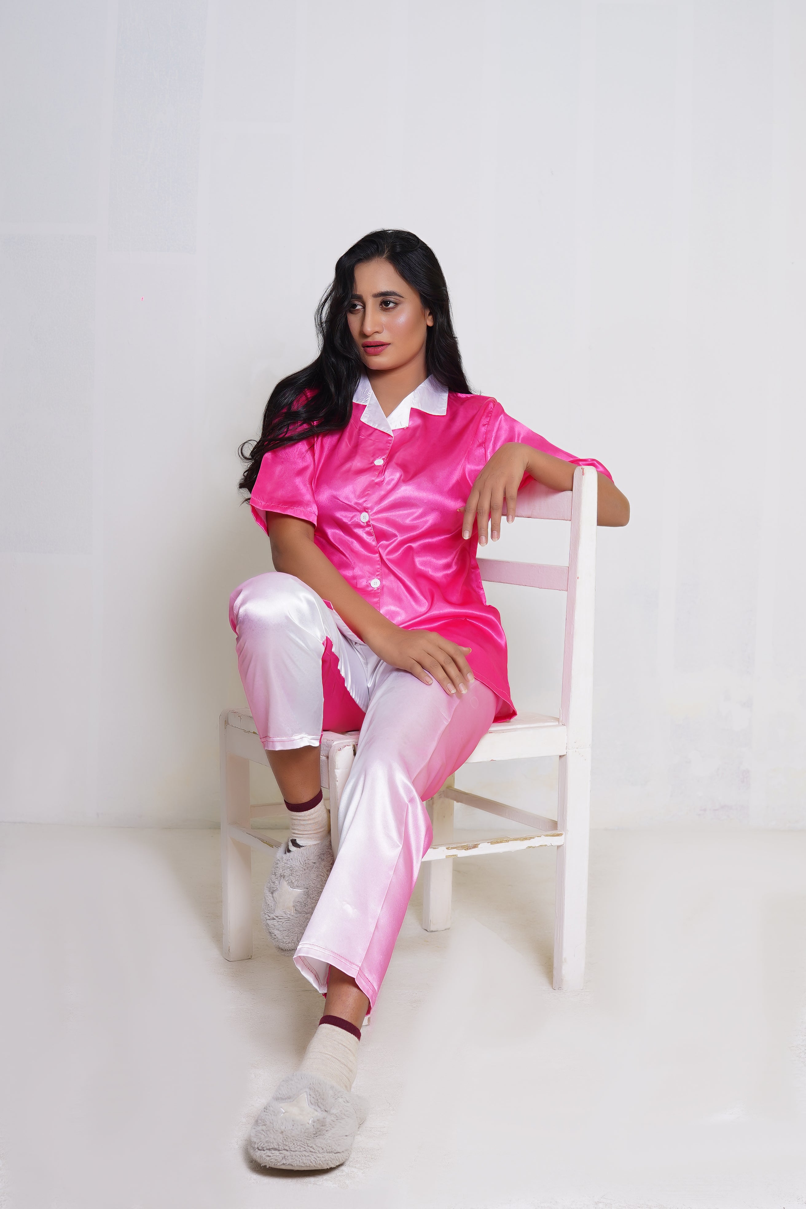 Body Girl Women's Satin Pajama Set - Pink & White