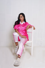 Body Girl Women's Satin Pajama Set - Pink & White