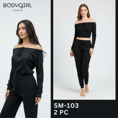 Silk Loungewear Set - 2 Piece Luxury Off-Shoulder Top & Joggers 