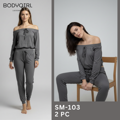 Silk Loungewear Set - 2 Piece Luxury Off-Shoulder Top & Joggers 
