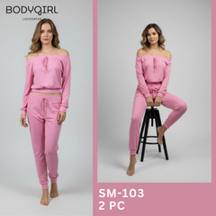 Silk Loungewear Set - 2 Piece Luxury Off-Shoulder Top & Joggers 