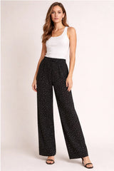Black Polka Dot Linen Trousers - Luxury Wide-Leg High-Waist Pants for Women | Body Girl
