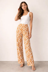 Rust Orange Retro Floral Linen Trousers - Luxury Wide-Leg Pants for Women | Body Girl