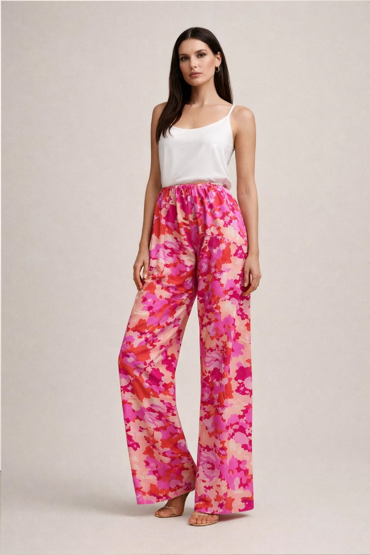 Hot Pink Floral Linen Trousers - Luxury Wide-Leg Bold Print Pants for Women | Body Girl