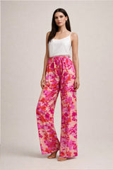 Hot Pink Floral Linen Trousers - Luxury Wide-Leg Bold Print Pants for Women | Body Girl