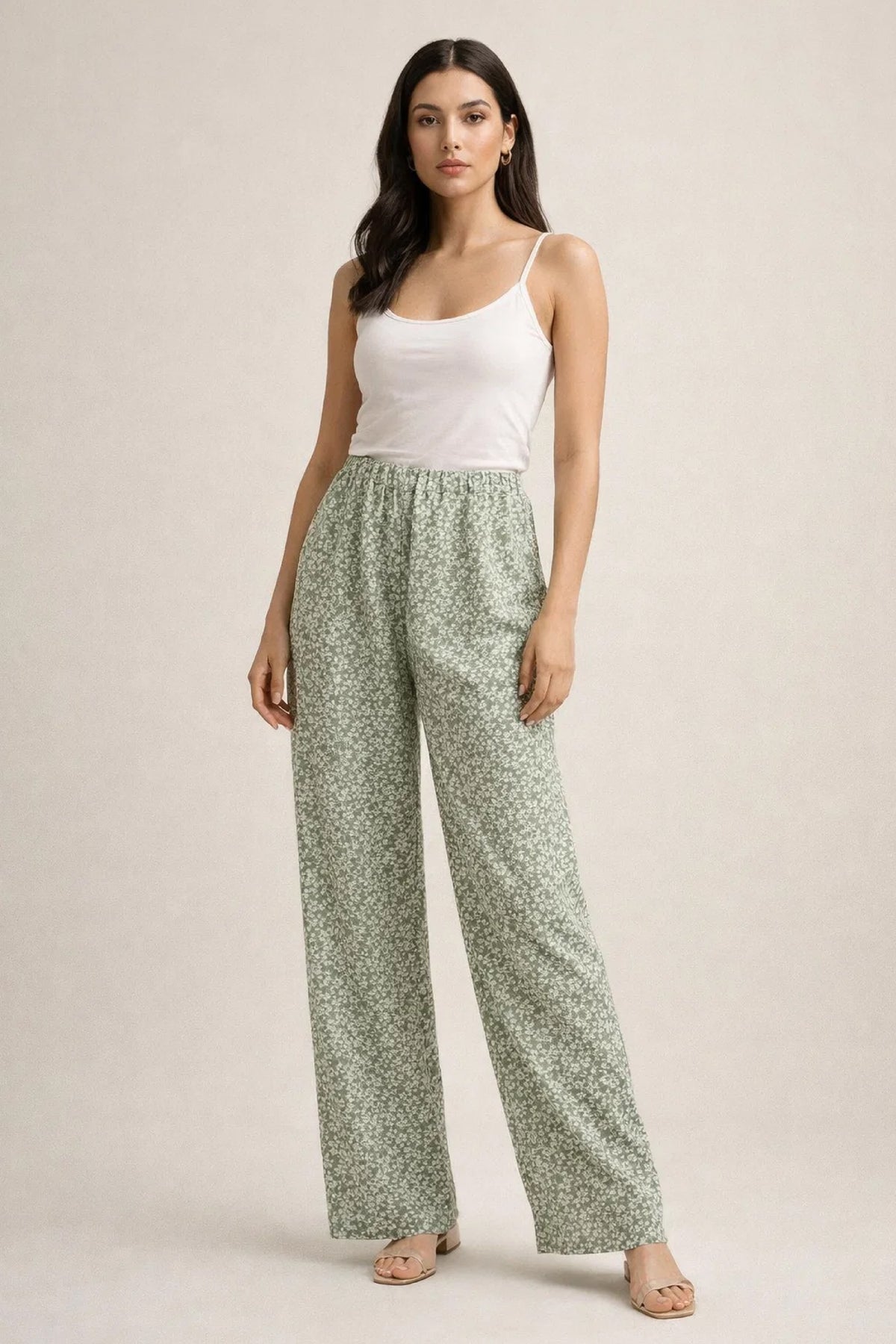 Sage Green Ditsy Floral Linen Trousers - Luxury Wide-Leg Pants for Women | Body Girl