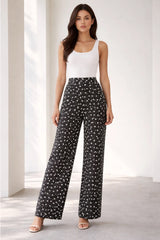 Black Ditsy Floral Linen Trousers - Luxury Wide-Leg Pants for Women | Body Girl