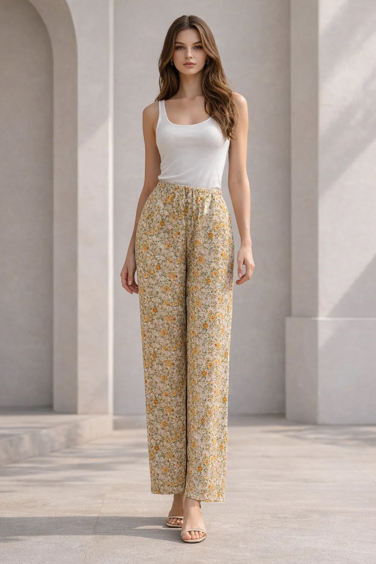 Beige Meadow Floral Linen Trousers - Luxury Wide-Leg Ditsy Pants for Women | Body Girl