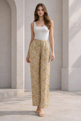 Beige Meadow Floral Linen Trousers - Luxury Wide-Leg Ditsy Pants for Women | Body Girl