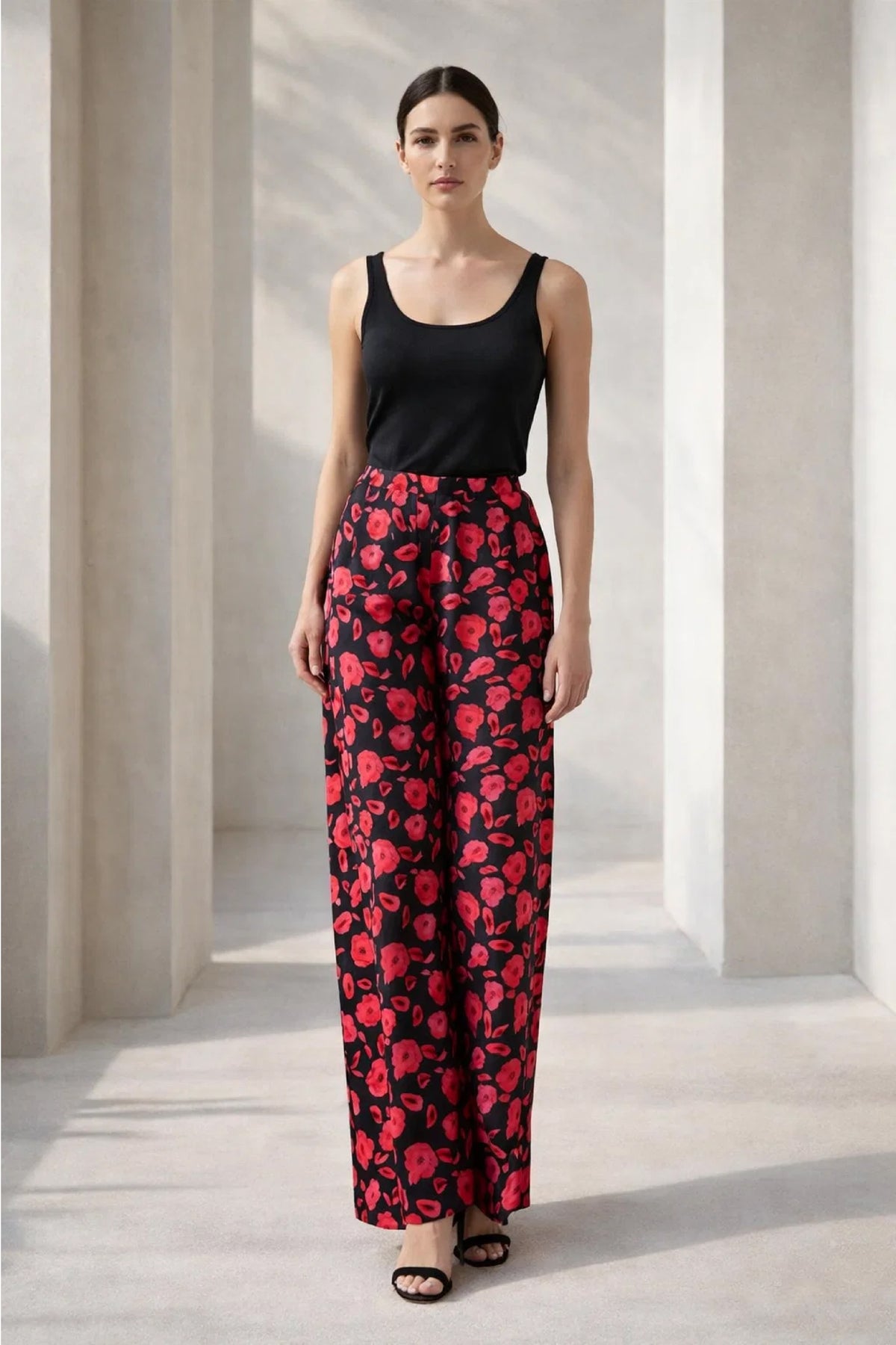 Black Rose Print Linen Trousers - Luxury Wide-Leg Floral Pants for Women | Body Girl