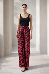 Black Rose Print Linen Trousers - Luxury Wide-Leg Floral Pants for Women | Body Girl