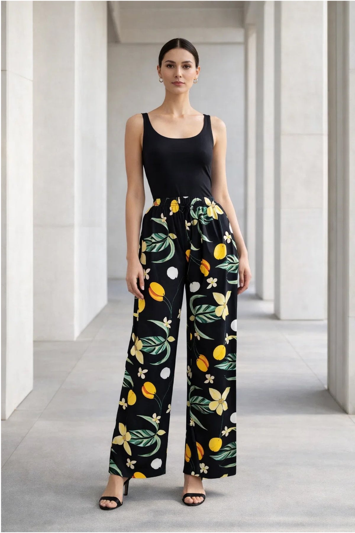 Black Lemon Print Linen Trousers - Luxury Wide-Leg Tropical Pants for Women | Body Girl