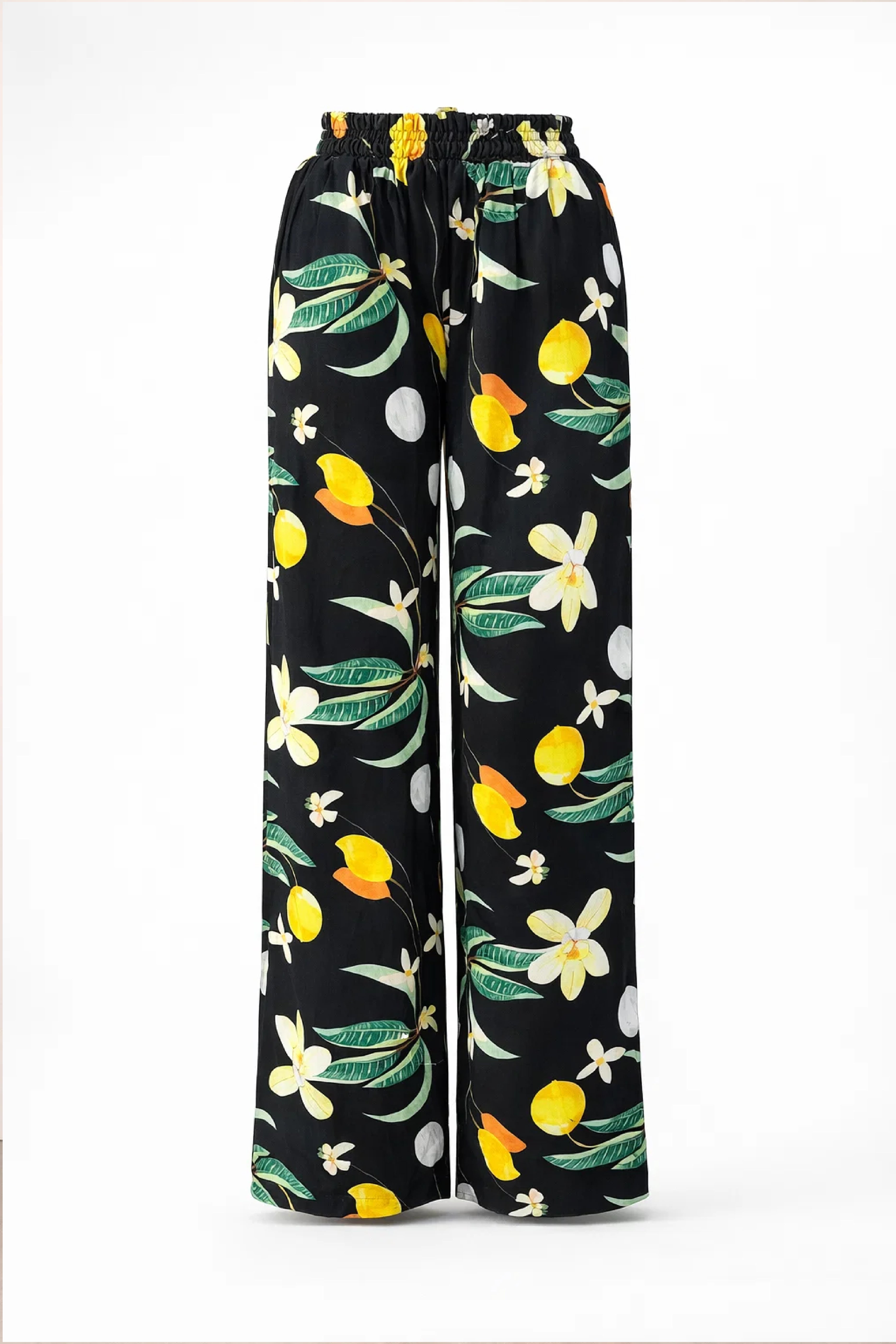 Black Lemon Print Linen Trousers - Luxury Wide-Leg Tropical Pants for Women | Body Girl