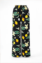 Black Lemon Print Linen Trousers - Luxury Wide-Leg Tropical Pants for Women | Body Girl