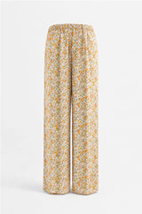 Beige Meadow Floral Linen Trousers - Luxury Wide-Leg Ditsy Pants for Women | Body Girl