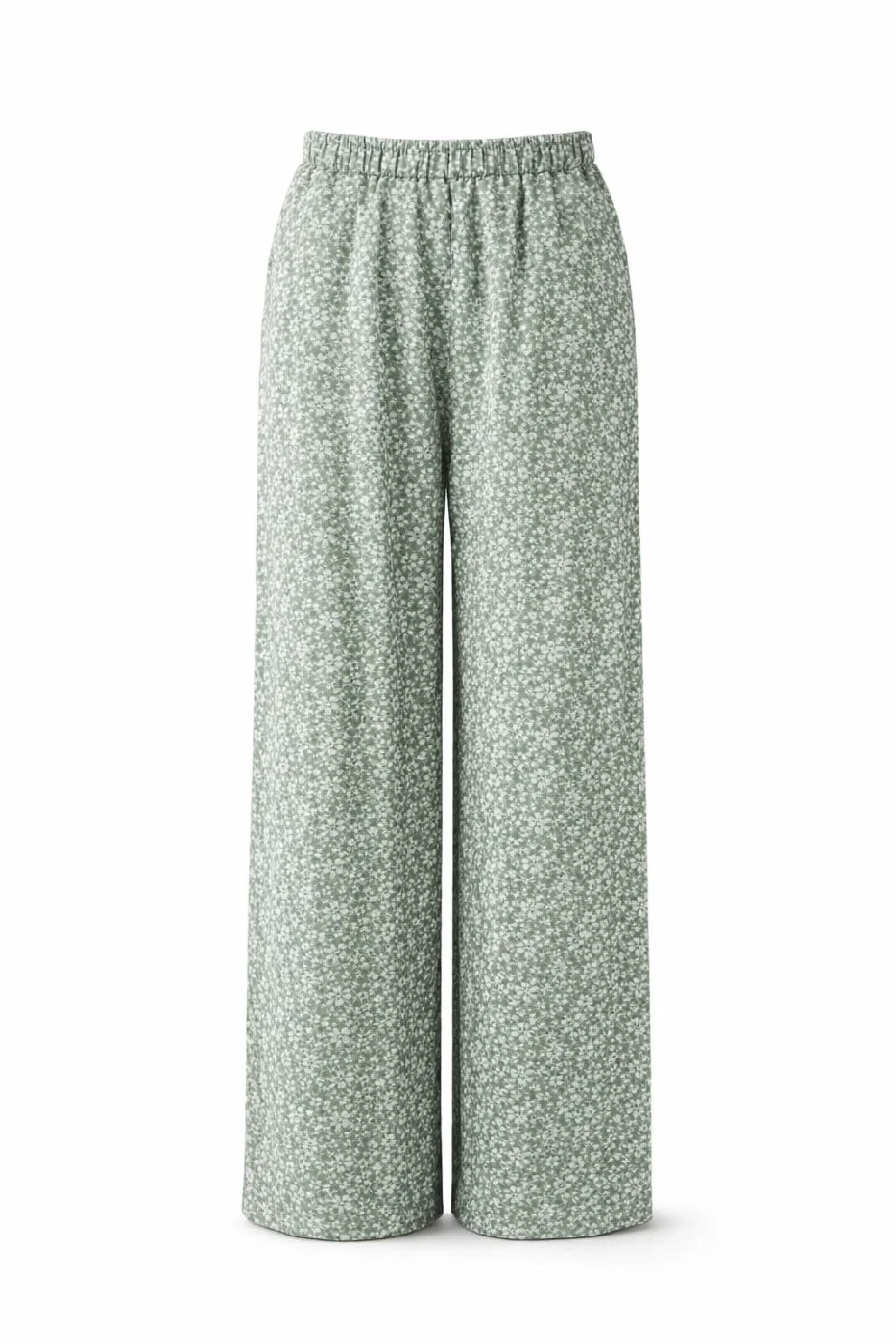 Sage Green Ditsy Floral Linen Trousers - Luxury Wide-Leg Pants for Women | Body Girl