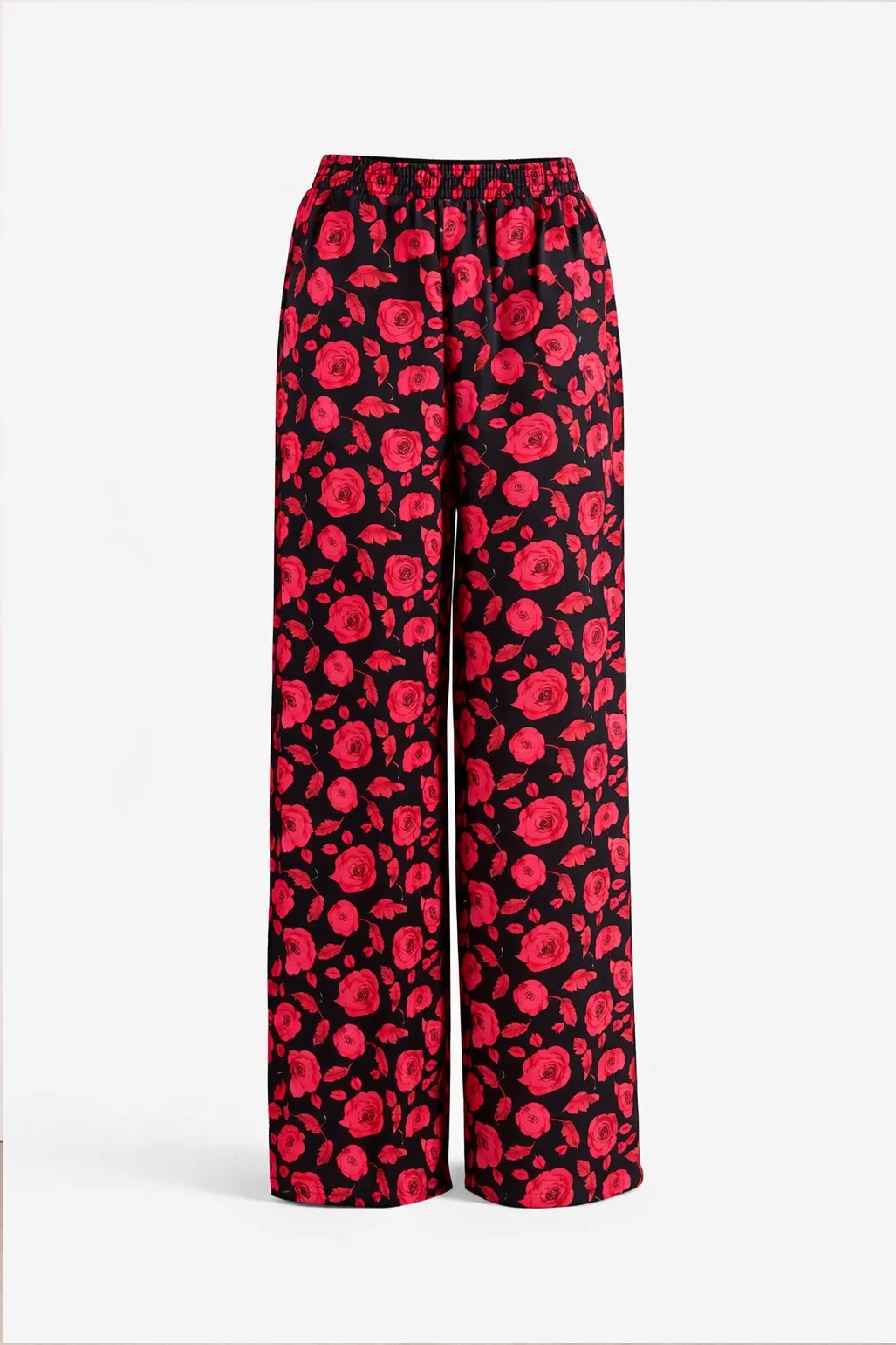 Black Rose Print Linen Trousers - Luxury Wide-Leg Floral Pants for Women | Body Girl
