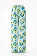 Mint Green Floral Linen Trousers - Luxury Wide-Leg Watercolour Pants for Women | Body Girl