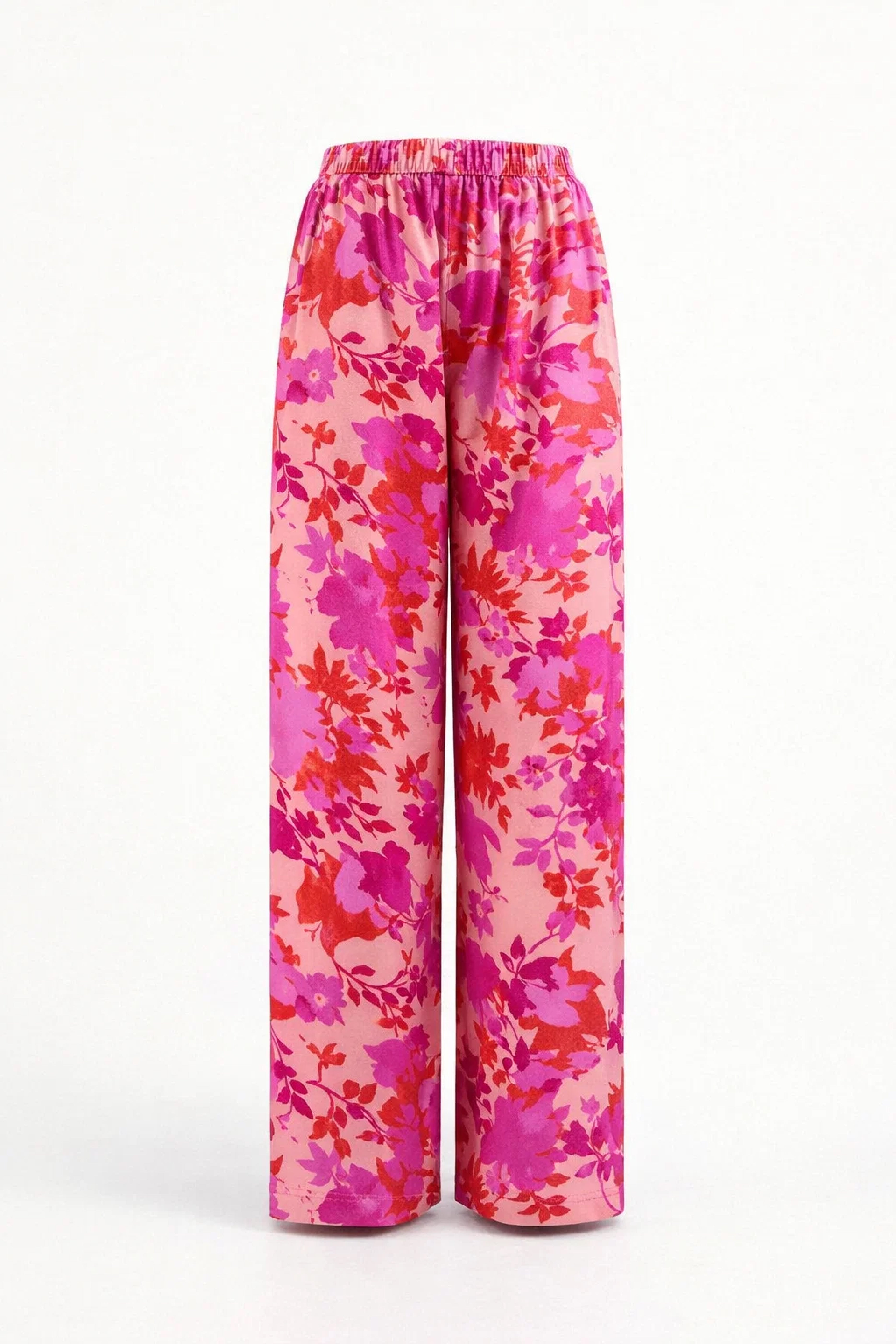 Hot Pink Floral Linen Trousers - Luxury Wide-Leg Bold Print Pants for Women | Body Girl