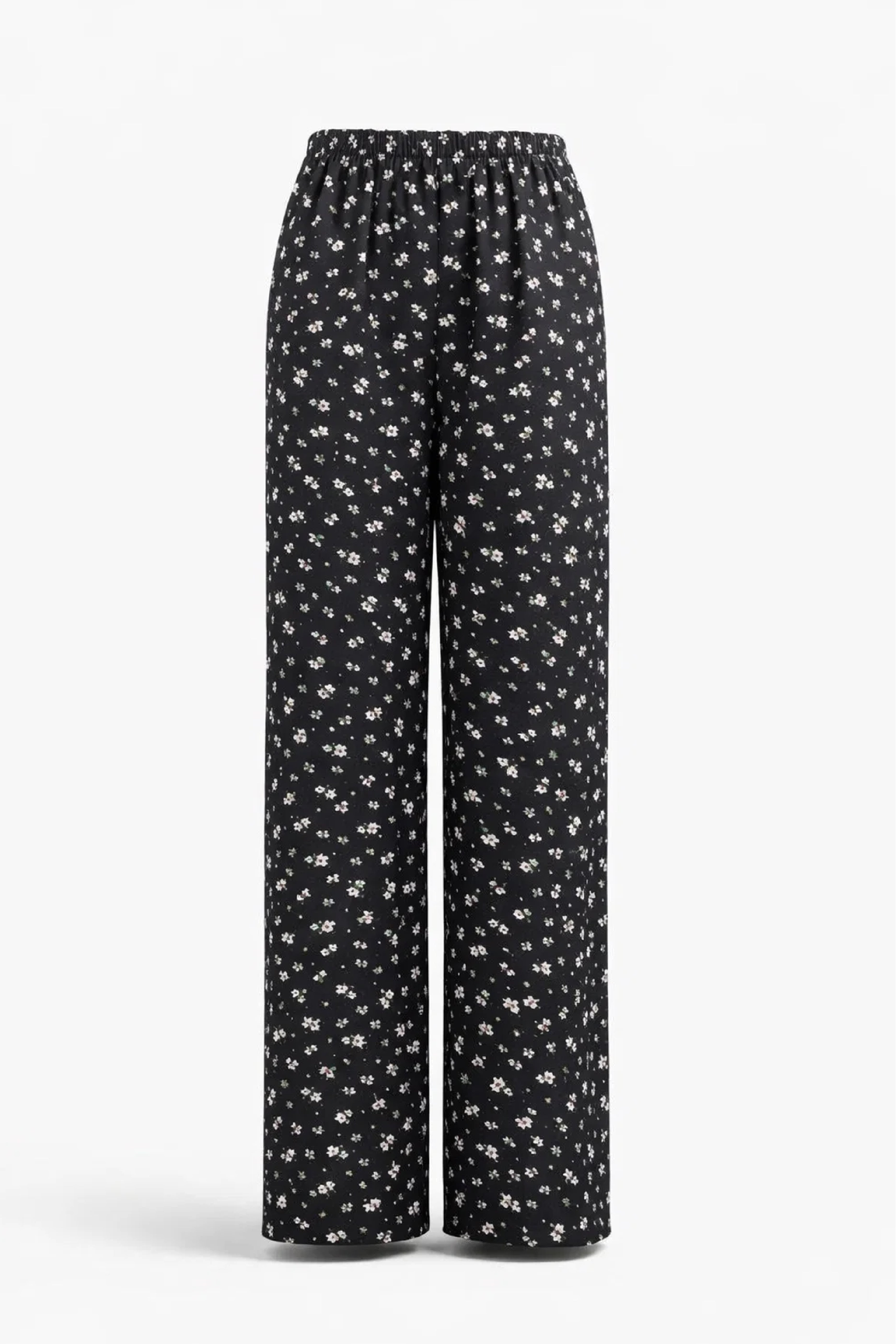 Black Ditsy Floral Linen Trousers - Luxury Wide-Leg Pants for Women | Body Girl