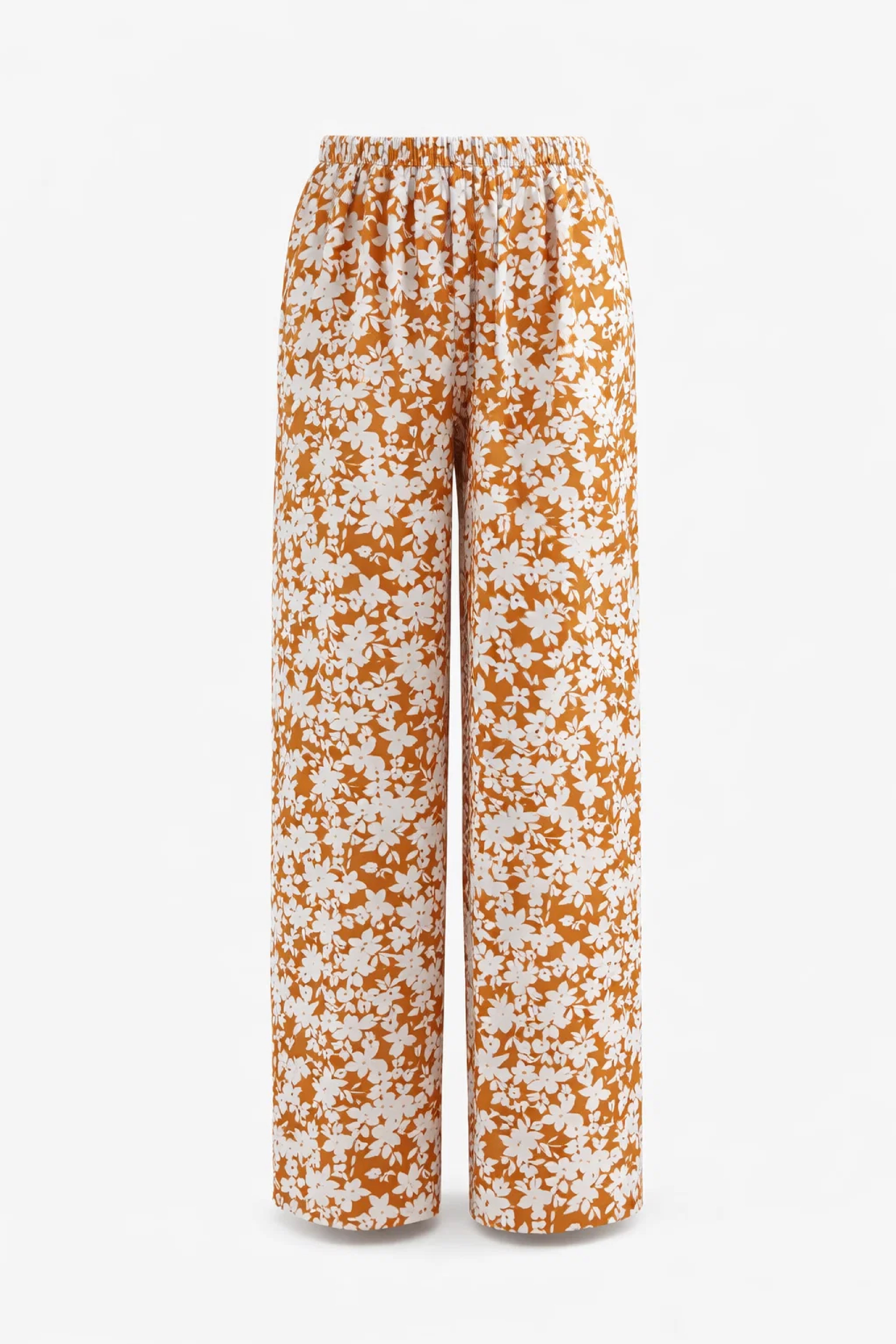 Rust Orange Retro Floral Linen Trousers - Luxury Wide-Leg Pants for Women | Body Girl