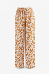 Rust Orange Retro Floral Linen Trousers - Luxury Wide-Leg Pants for Women | Body Girl