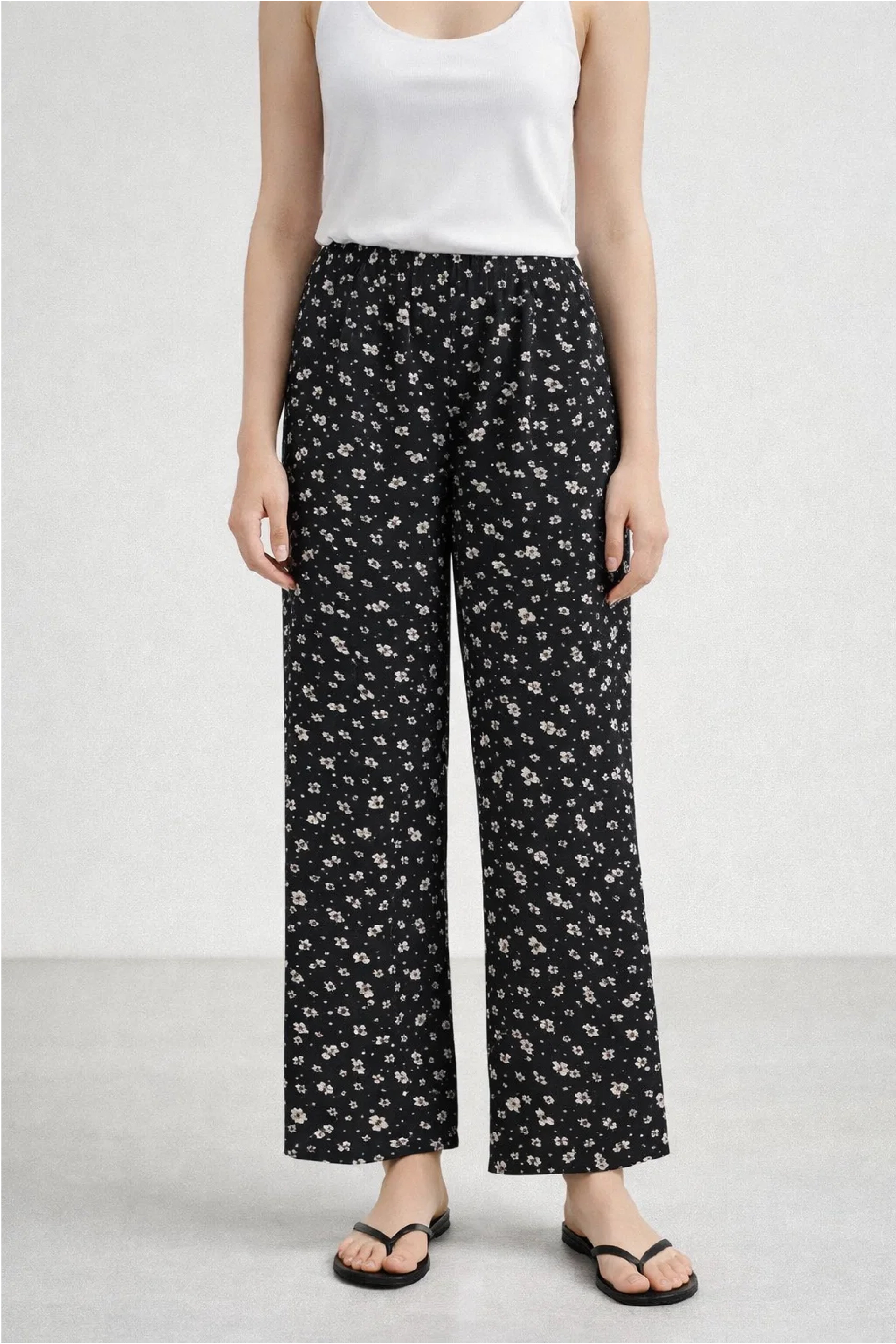 Black Ditsy Floral Linen Trousers - Luxury Wide-Leg Pants for Women | Body Girl