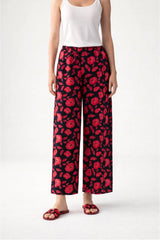 Black Rose Print Linen Trousers - Luxury Wide-Leg Floral Pants for Women | Body Girl