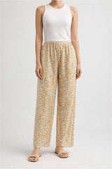 Beige Meadow Floral Linen Trousers - Luxury Wide-Leg Ditsy Pants for Women | Body Girl