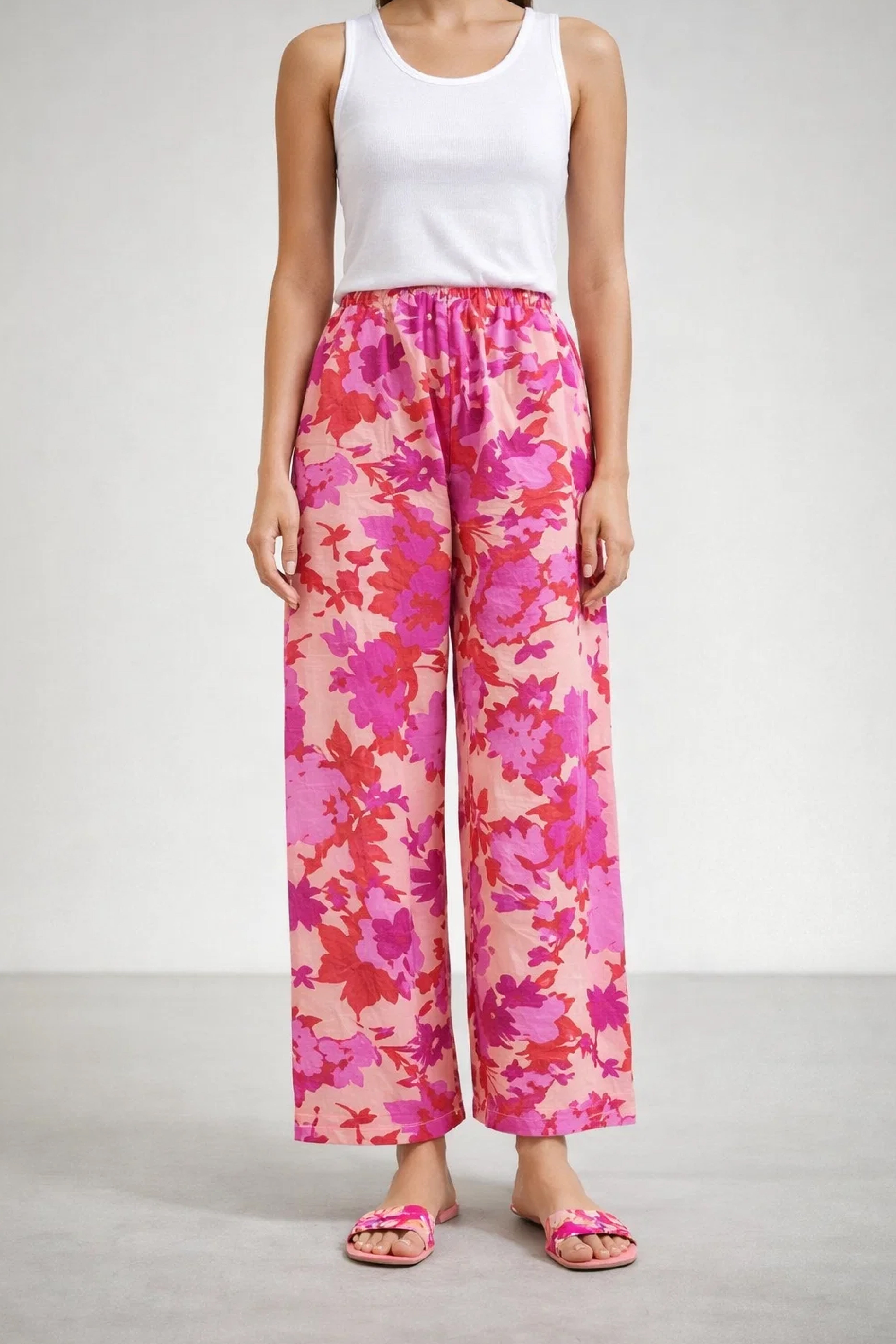 Hot Pink Floral Linen Trousers - Luxury Wide-Leg Bold Print Pants for Women | Body Girl
