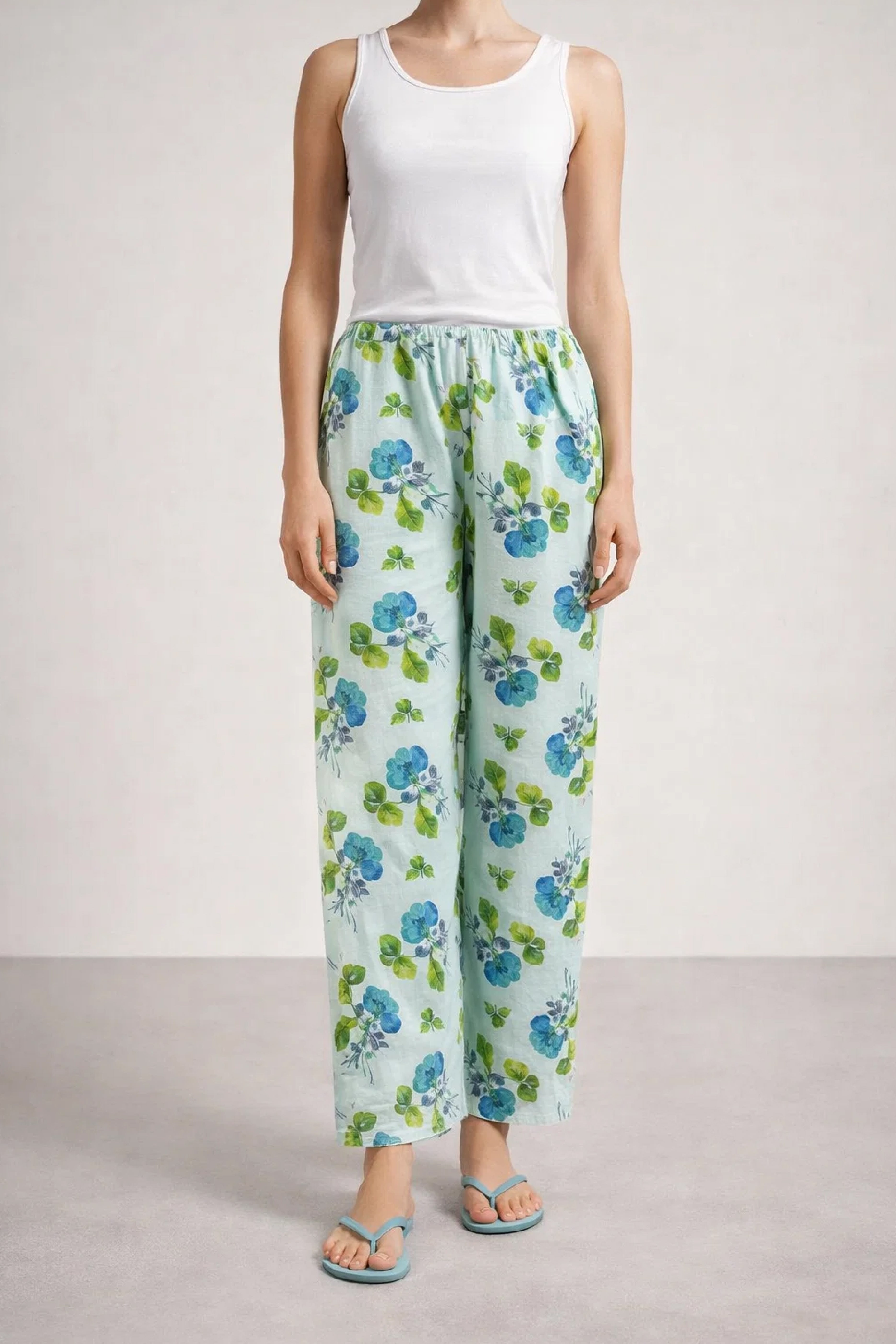 Mint Green Floral Linen Trousers - Luxury Wide-Leg Watercolour Pants for Women | Body Girl