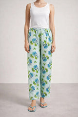 Mint Green Floral Linen Trousers - Luxury Wide-Leg Watercolour Pants for Women | Body Girl